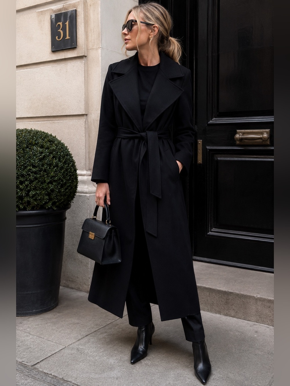 Fleurette Saks Fifth Avenue Black 100% Wool Belted Wrap Coat Size 10